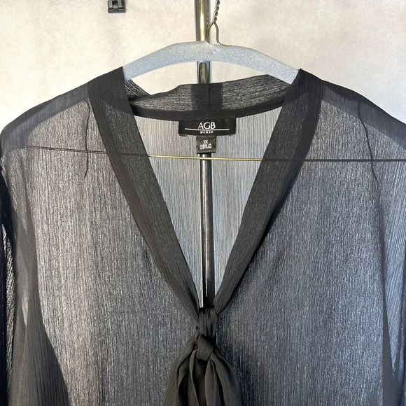 AGB Sheer Black Tie Front Long Bell Sleeve Blouse Size 1X - Picture 3 of 10